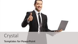  Presentation with laptop - PPT theme having smiling-businessman-with-a-laptop background and a light gray colored foreground