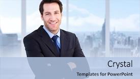 Presentation with windows - Audience pleasing PPT theme consisting of smiling businessman with arms crossed against bright white room with windows backdrop and a light blue colored foreground