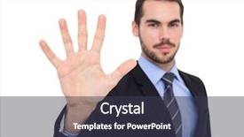  Presentation with spread - Colorful slide deck enhanced with smiling businessman with fingers spread backdrop and a tawny brown colored foreground