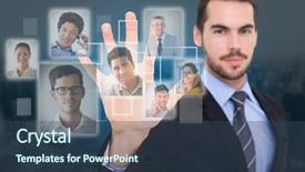  Presentation with spread - Slide deck having smiling businessman with fingers spread out against new york background and a ocean colored foreground