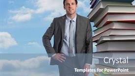  Presentation with hip - Amazing slide set having smiling businessman with hand on hip against pile of books against sky backdrop and a seafoam green colored foreground