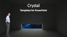  Presentation with hip - PPT theme having smiling businessman with hand on hip against door opening in dark room background and a dark gray colored foreground