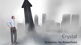  Presentation with hip - Theme having smiling businessman with hand on hip against road turning into arrow background and a light gray colored foreground