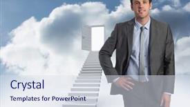  Presentation with open door - Colorful presentation design enhanced with smiling businessman with hand on hip against open door at top of stairs in the sky backdrop and a sky blue colored foreground