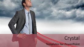  Presentation with hip - Presentation design with smiling businessman with hand on hip against red stairs arrow pointing up against sky background and a violet colored foreground