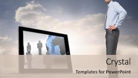  Presentation with hip - Audience pleasing PPT theme consisting of smiling businessman with hand on hip against floorboards in the sky backdrop and a soft green colored foreground