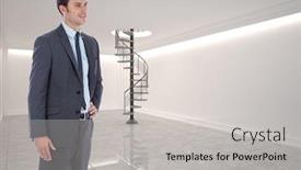  Presentation with hip - Audience pleasing slide deck consisting of smiling businessman with hand on hip against digitally generated room with winding staircase backdrop and a light gray colored foreground