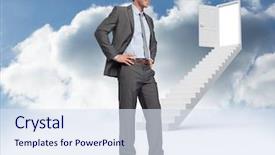  Presentation with open door - Slide set enhanced with smiling businessman with hands on hips against steps leading to open door in the sky background and a sky blue colored foreground