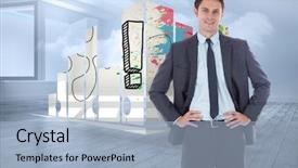  Presentation with holographic - Presentation design consisting of smiling businessman with hands on hips against room with holographic cloud background and a light blue colored foreground