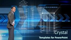  Presentation with technical - Slide set enhanced with smiling businessman with hands on hips against arrows on technical background background and a ocean colored foreground