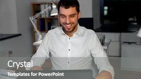  Presentation with people - Slide set having smiling businessman with laptop computer background and a  colored foreground