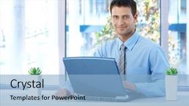  Presentation with customs office - PPT layouts having smiling businessman working on laptop background and a light blue colored foreground