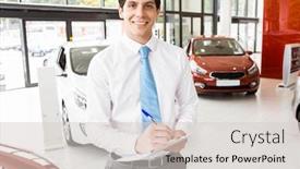  Presentation with writing - Slides having smiling businessman writing on clipboard at new car showroom background and a light gray colored foreground