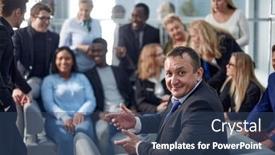  Presentation with international business - Beautiful theme featuring smiling-businessman backdrop and a ocean colored foreground
