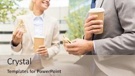  Presentation with partnership - Slides enhanced with smiling businessmen with coffee background and a soft green colored foreground