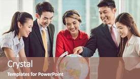  Presentation with group - Audience pleasing presentation theme consisting of smiling businesspeople looking at globe backdrop and a coral colored foreground