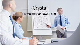  Presentation with gold people planning - Cool new slide deck with smiling businesspeople meeting on presentation backdrop and a sky blue colored foreground