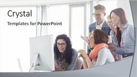  Presentation with conference table - Theme with smiling-businesspeople-working-together background and a white colored foreground