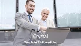  Presentation with technology education - Presentation design featuring smiling businesspeople working with laptop background and a  colored foreground