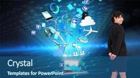  Presentation with hexagon - Slide set with smiling businesswoman against hexagon pattern on technical background with binary code background and a ocean colored foreground