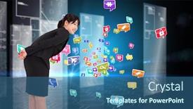  Presentation with hexagon - Colorful PPT theme enhanced with smiling businesswoman bending against hologram on black background with hexagon pattern backdrop and a ocean colored foreground