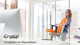  Presentation with office chair - PPT theme consisting of smiling businesswoman carrying orange chair background and a sky blue colored foreground