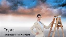  Presentation with climbing - Presentation design consisting of smiling businesswoman climbing the career background and a light gray colored foreground