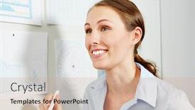  Presentation with financial analysis - PPT layouts having smiling businesswoman doing financial analysis on a whiteboard background and a coral colored foreground