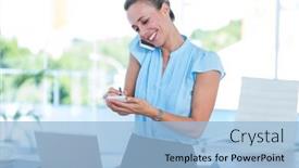  Presentation with taking notes - Cool new presentation design with smiling businesswoman having a phone call and taking notes in an office backdrop and a light blue colored foreground