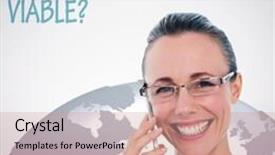  Presentation with phone - Audience pleasing PPT theme consisting of smiling businesswoman having a phone call against grey background backdrop and a coral colored foreground