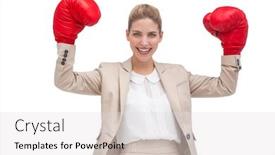  Presentation with boxing - PPT layouts enhanced with smiling businesswoman holding boxing gloves on white background background and a light gray colored foreground