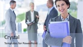  Presentation with files - Presentation theme with smiling businesswoman holding files and looking at camera in the office background and a light blue colored foreground