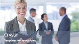  Presentation with files - Presentation design with smiling businesswoman holding files and looking at camera in the office background and a ocean colored foreground