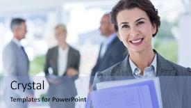  Presentation with files - PPT theme enhanced with smiling businesswoman holding files and looking at camera in the office background and a light blue colored foreground