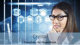  Presentation with hologram - PPT layouts with smiling businesswoman holding her chin against hologram interface in office overlooking city background and a light blue colored foreground