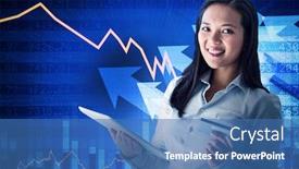  Presentation with shares - Cool new presentation theme with smiling businesswoman holding laptop and credit card against stocks and shares backdrop and a teal colored foreground