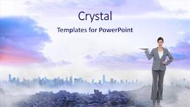  Presentation with misty - Slide set featuring smiling businesswoman holding tablet pc against misty landscape background and a sky blue colored foreground