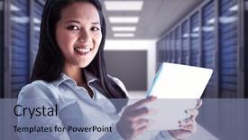  Presentation with towers - Audience pleasing slide set consisting of smiling businesswoman holding tablet and looking at camera against server room with towers backdrop and a seafoam green colored foreground