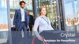  Presentation with wheelchair - Presentation theme enhanced with smiling-businesswoman-in-a-wheelchair background and a ocean colored foreground