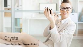  Presentation with workplace - PPT theme enhanced with smiling-businesswoman-in-formalwear-sitting background and a soft green colored foreground