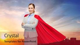  Presentation with woman leader - Beautiful slides featuring smiling businesswoman in red superhero backdrop and a crimson colored foreground