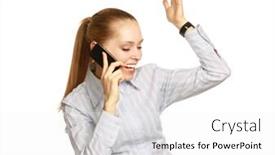  Presentation with phone - Amazing PPT layouts having smiling-businesswoman-is-talking backdrop and a white colored foreground