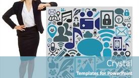  Presentation with poster - Presentation theme consisting of smiling businesswoman leaning on poster with many different social media icons background and a teal colored foreground