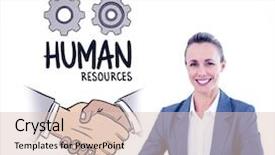  Presentation with human resources - Presentation theme enhanced with smiling businesswoman looking at camera against human resources doodle background and a lemonade colored foreground