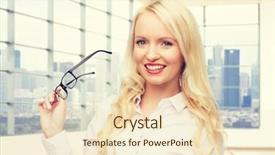  Presentation with secretary - Slide set having smiling businesswoman or secretary in office background and a lemonade colored foreground