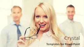  Presentation with secretary - Audience pleasing presentation design consisting of smiling businesswoman or secretary in office backdrop and a lemonade colored foreground