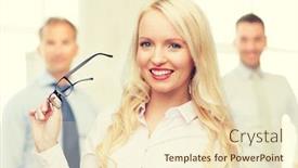  Presentation with secretary - Theme featuring smiling businesswoman or secretary in office background and a cream colored foreground