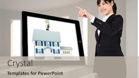  Presentation with windows - Presentation design having smiling businesswoman pointing against bright room with windows background and a light gray colored foreground