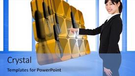  Presentation with windows - Beautiful slide set featuring smiling businesswoman pointing against bright blue room with windows backdrop and a light blue colored foreground