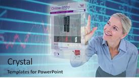  Presentation with shares - Slide deck enhanced with smiling businesswoman pointing against stocks background and a light blue colored foreground